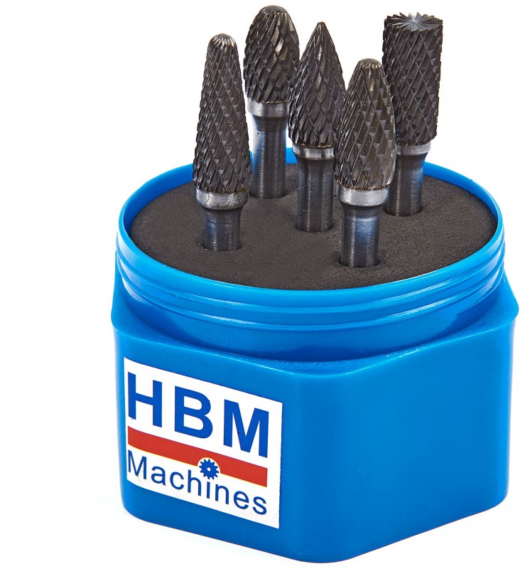 HBM volhardmetalen frezenset 5-delig, 6 mm opname, eindmolen voor aluminium, messing, koper, metaal, rvs en staal
