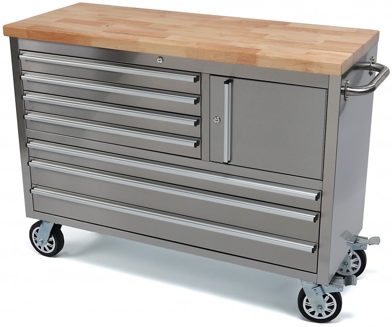 HBM gereedschapswagen 122 cm met houten werkblad, 7 lades, slot, RVS