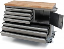 HBM gereedschapswagen 122 cm met houten werkblad, 7 lades, slot, RVS