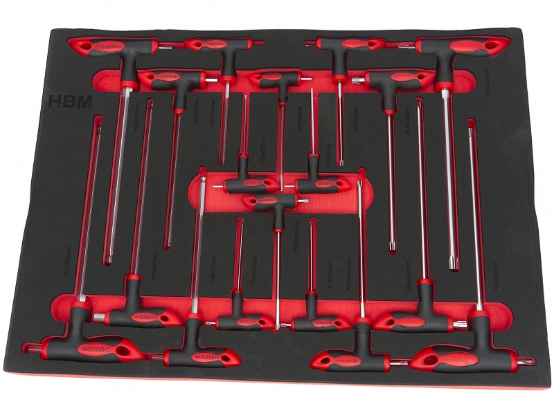 HBM 18-delt T-grebssæt foam inlay til værktøjsvogn - 390 x 545 x 40 mm.