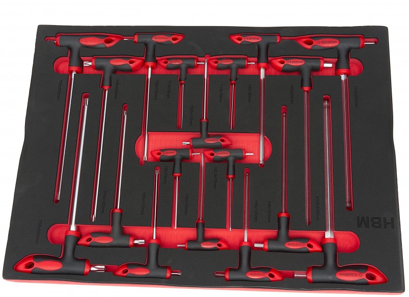 HBM 18-delt T-grebssæt foam inlay til værktøjsvogn - 390 x 545 x 40 mm.