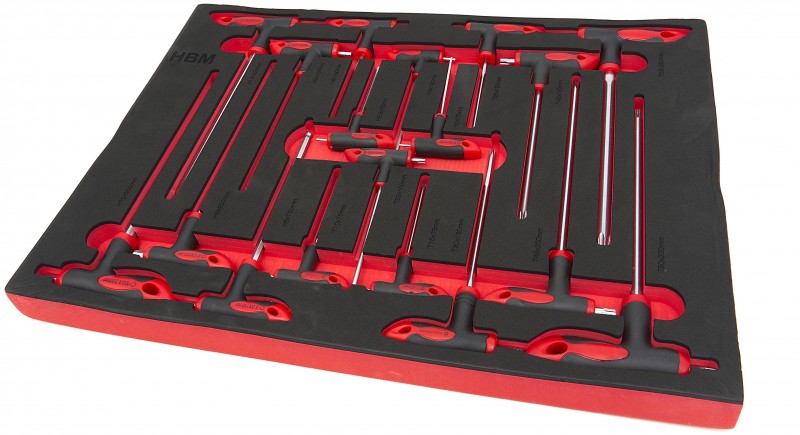 HBM 18-delt T-grebssæt foam inlay til værktøjsvogn - 390 x 545 x 40 mm.