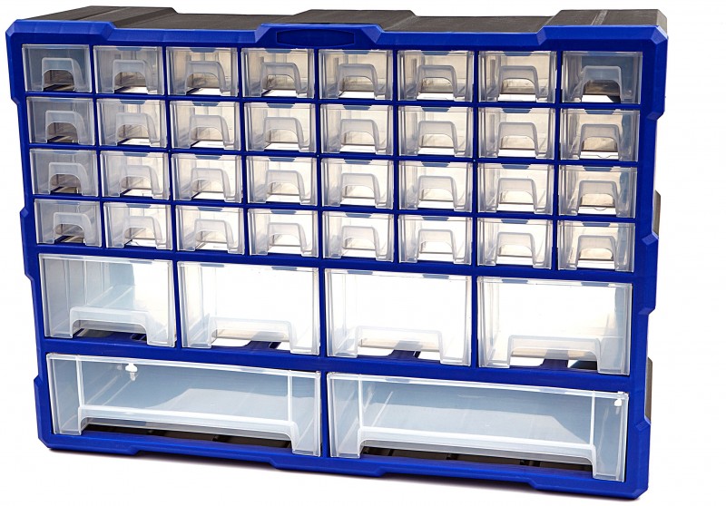 HBM 38 Skuffer Skuffekabinet Assortimentskab Opbevaringssystem, Plast, Blå, 16 x 37 x 52 cm. HBM 38 Skuffer Skuffekabinet Assortimentskab Opbevaringssystem, Plast, Blå, 16 x 37 x 52 cm.