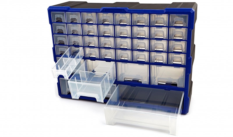 HBM 38 Skuffer Skuffekabinet Assortimentskab Opbevaringssystem, Plast, Blå, 16 x 37 x 52 cm. HBM 38 Skuffer Skuffekabinet Assortimentskab Opbevaringssystem, Plast, Blå, 16 x 37 x 52 cm.