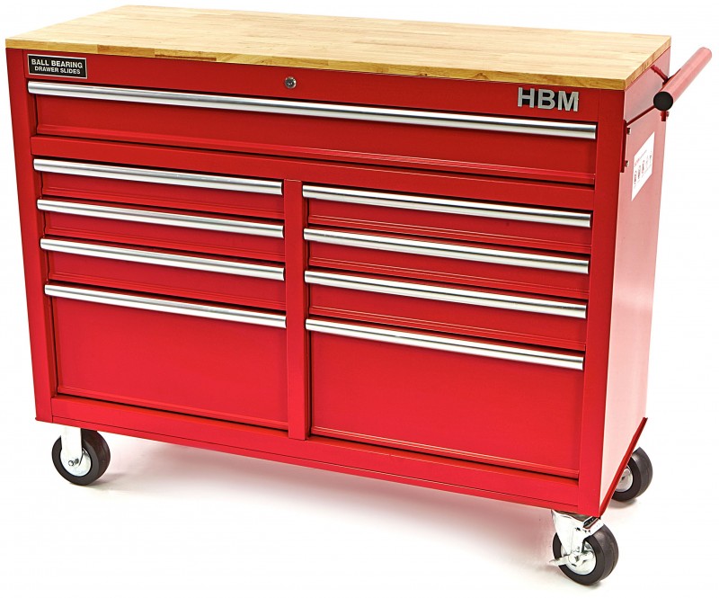 HBM gereedschapswagen met houten werkblad 117 cm, 9 laden, slot, rood HBM gereedschapswagen met houten werkblad 117 cm, 9 laden, slot, rood