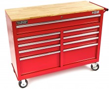 HBM gereedschapswagen met houten werkblad 117 cm, 9 laden, slot, rood HBM gereedschapswagen met houten werkblad 117 cm, 9 laden, slot, rood