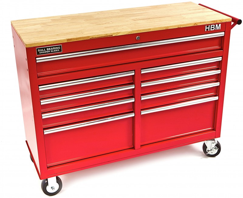 HBM gereedschapswagen met houten werkblad 117 cm, 9 laden, slot, rood HBM gereedschapswagen met houten werkblad 117 cm, 9 laden, slot, rood