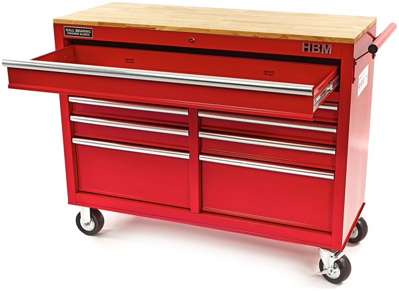 HBM gereedschapswagen met houten werkblad 117 cm, 9 laden, slot, rood HBM gereedschapswagen met houten werkblad 117 cm, 9 laden, slot, rood