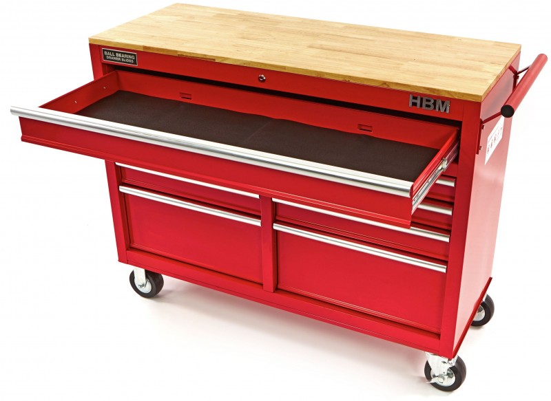 HBM gereedschapswagen met houten werkblad 117 cm, 9 laden, slot, rood HBM gereedschapswagen met houten werkblad 117 cm, 9 laden, slot, rood