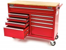 HBM gereedschapswagen met houten werkblad 117 cm, 9 laden, slot, rood HBM gereedschapswagen met houten werkblad 117 cm, 9 laden, slot, rood