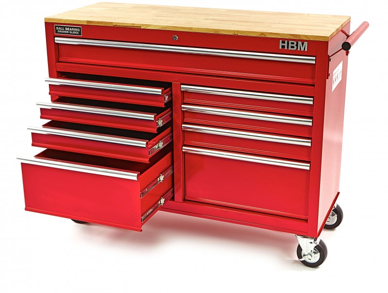 HBM gereedschapswagen met houten werkblad 117 cm, 9 laden, slot, rood HBM gereedschapswagen met houten werkblad 117 cm, 9 laden, slot, rood