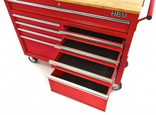 HBM gereedschapswagen met houten werkblad 117 cm, 9 laden, slot, rood HBM gereedschapswagen met houten werkblad 117 cm, 9 laden, slot, rood