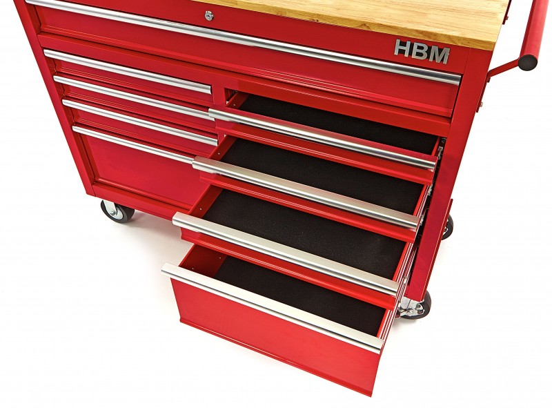 HBM gereedschapswagen met houten werkblad 117 cm, 9 laden, slot, rood HBM gereedschapswagen met houten werkblad 117 cm, 9 laden, slot, rood