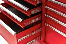 HBM gereedschapswagen met houten werkblad 117 cm, 9 laden, slot, rood HBM gereedschapswagen met houten werkblad 117 cm, 9 laden, slot, rood