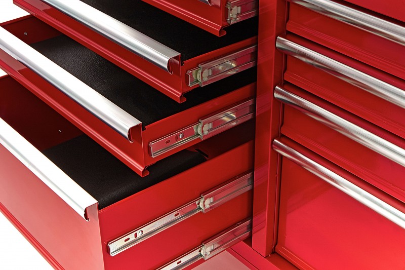 HBM gereedschapswagen met houten werkblad 117 cm, 9 laden, slot, rood HBM gereedschapswagen met houten werkblad 117 cm, 9 laden, slot, rood