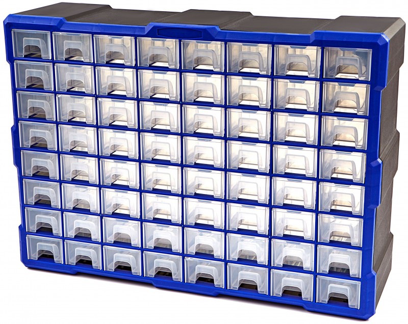 HBM ladenkast 64 laden, assortimentskast, opbergsysteem, kunststof, blauw, 16 x 37 x 52 cm