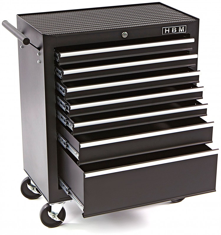 HBM gereedschapswagen met 7 laden, 62 cm, zwart, met slot, 100 kg belastbaar HBM gereedschapswagen met 7 laden, 62 cm, zwart, met slot, 100 kg belastbaar