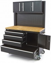 HBM arbejdsbænk 122 cm sort med 4 skuffer, skabsvæg og bagvæg, træbordplade, på hjul, 500 kg