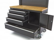 HBM arbejdsbænk 122 cm sort med 4 skuffer, skabsvæg og bagvæg, træbordplade, på hjul, 500 kg
