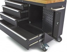 HBM arbejdsbænk 122 cm sort med 4 skuffer, skabsvæg og bagvæg, træbordplade, på hjul, 500 kg