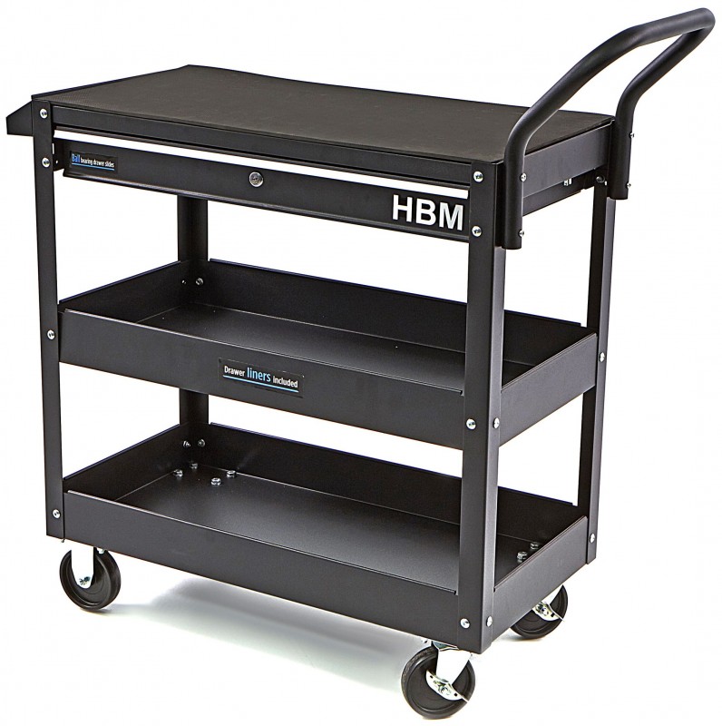 HBM Deluxe universele gereedschapswagen 3-laags met lade en rek, 75 kg draagvermogen
