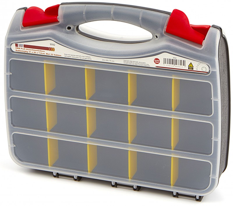 HBM Profi Assortimentsæske Dobbeltzijdet 31 x 26 x 7,5 cm, 32 Rum, Polypropylen, Egnet til Værktøjsvæg. HBM Profi Assortimentsæske Dobbeltzijdet 31 x 26 x 7,5 cm, 32 Rum, Polypropylen, Egnet til Værktøjsvæg.