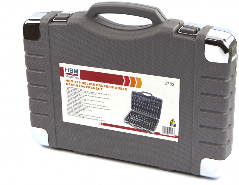 HBM 119-delt professionelle kraftdoppesæt metriske og inch størrelser HBM 119-delt professionelle kraftdoppesæt metriske og inch størrelser