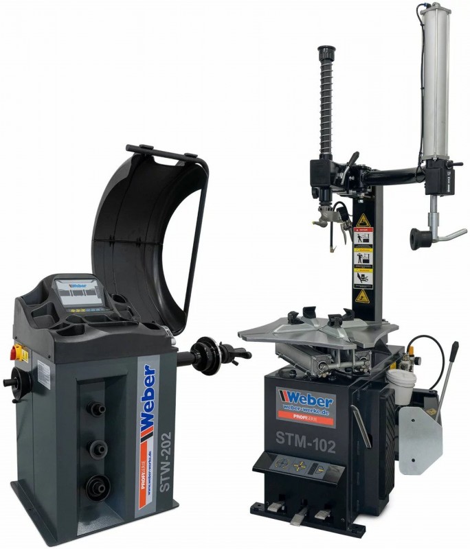 Weber Profi bandendemonteermachine met hulparm en bandenbalanceermachine set, 230 V, 750 W, velgdiameter 24 in, 1 g nauwkeurig