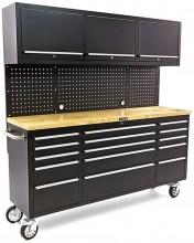 HBM werkbank 182 cm zwart met 15 laden, 3 hangkasten, achterwand, houten werkblad, verrijdbaar, 700 kg
HBM werkbank 182 cm zwart met 15 laden, 3 hangkasten, achterwand, houten werkblad, verrijdbaar, 700 kg