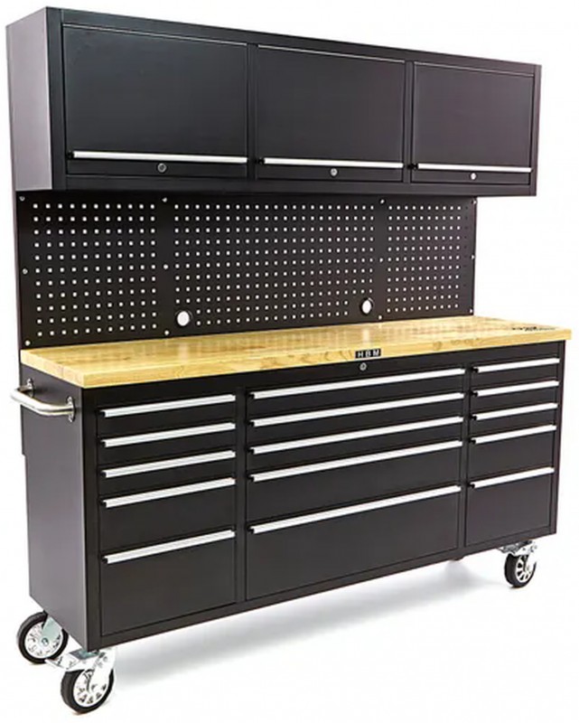 HBM werkbank 182 cm zwart met 15 laden, 3 hangkasten, achterwand, houten werkblad, verrijdbaar, 700 kg
HBM werkbank 182 cm zwart met 15 laden, 3 hangkasten, achterwand, houten werkblad, verrijdbaar, 700 kg
