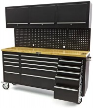 HBM werkbank 182 cm zwart met 15 laden, 3 hangkasten, achterwand, houten werkblad, verrijdbaar, 700 kg
HBM werkbank 182 cm zwart met 15 laden, 3 hangkasten, achterwand, houten werkblad, verrijdbaar, 700 kg