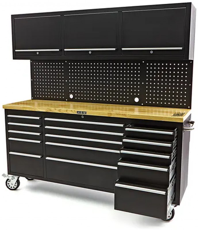 HBM werkbank 182 cm zwart met 15 laden, 3 hangkasten, achterwand, houten werkblad, verrijdbaar, 700 kg
HBM werkbank 182 cm zwart met 15 laden, 3 hangkasten, achterwand, houten werkblad, verrijdbaar, 700 kg
