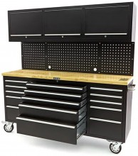 HBM werkbank 182 cm zwart met 15 laden, 3 hangkasten, achterwand, houten werkblad, verrijdbaar, 700 kg
HBM werkbank 182 cm zwart met 15 laden, 3 hangkasten, achterwand, houten werkblad, verrijdbaar, 700 kg