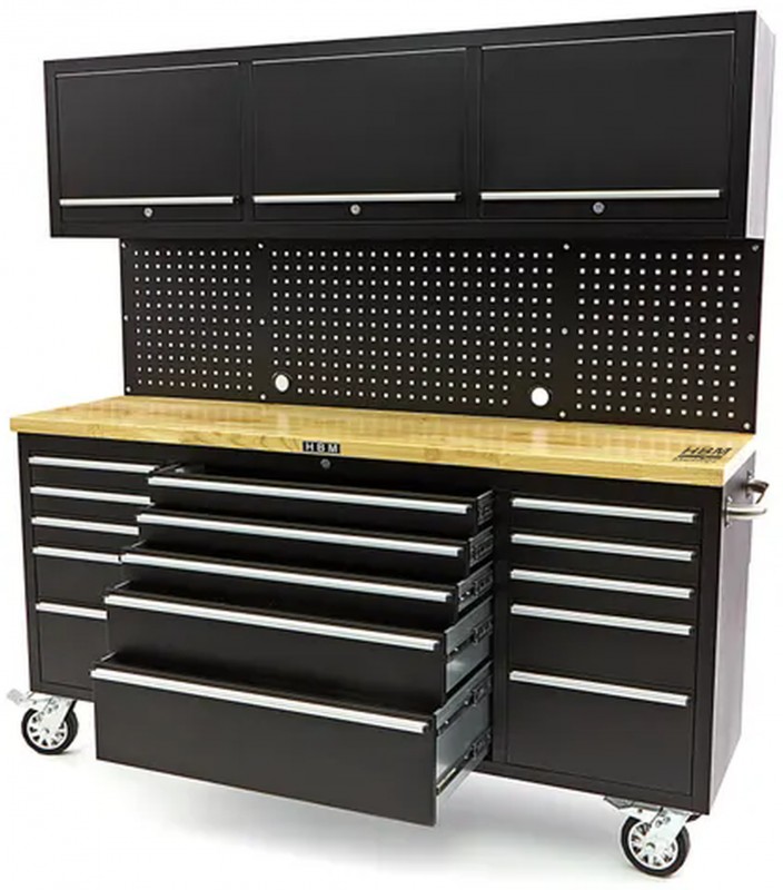 HBM werkbank 182 cm zwart met 15 laden, 3 hangkasten, achterwand, houten werkblad, verrijdbaar, 700 kg
HBM werkbank 182 cm zwart met 15 laden, 3 hangkasten, achterwand, houten werkblad, verrijdbaar, 700 kg