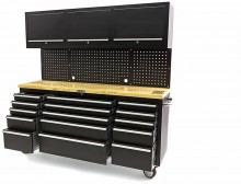 HBM werkbank 182 cm zwart met 15 laden, 3 hangkasten, achterwand, houten werkblad, verrijdbaar, 700 kg
HBM werkbank 182 cm zwart met 15 laden, 3 hangkasten, achterwand, houten werkblad, verrijdbaar, 700 kg