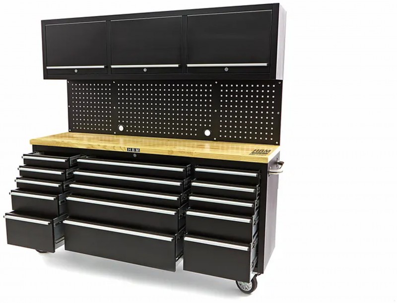 HBM werkbank 182 cm zwart met 15 laden, 3 hangkasten, achterwand, houten werkblad, verrijdbaar, 700 kg
HBM werkbank 182 cm zwart met 15 laden, 3 hangkasten, achterwand, houten werkblad, verrijdbaar, 700 kg
