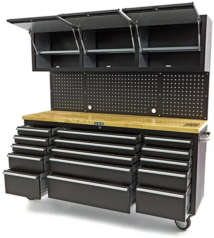 HBM werkbank 182 cm zwart met 15 laden, 3 hangkasten, achterwand, houten werkblad, verrijdbaar, 700 kg
HBM werkbank 182 cm zwart met 15 laden, 3 hangkasten, achterwand, houten werkblad, verrijdbaar, 700 kg