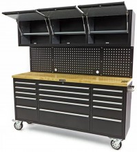 HBM werkbank 182 cm zwart met 15 laden, 3 hangkasten, achterwand, houten werkblad, verrijdbaar, 700 kg
HBM werkbank 182 cm zwart met 15 laden, 3 hangkasten, achterwand, houten werkblad, verrijdbaar, 700 kg