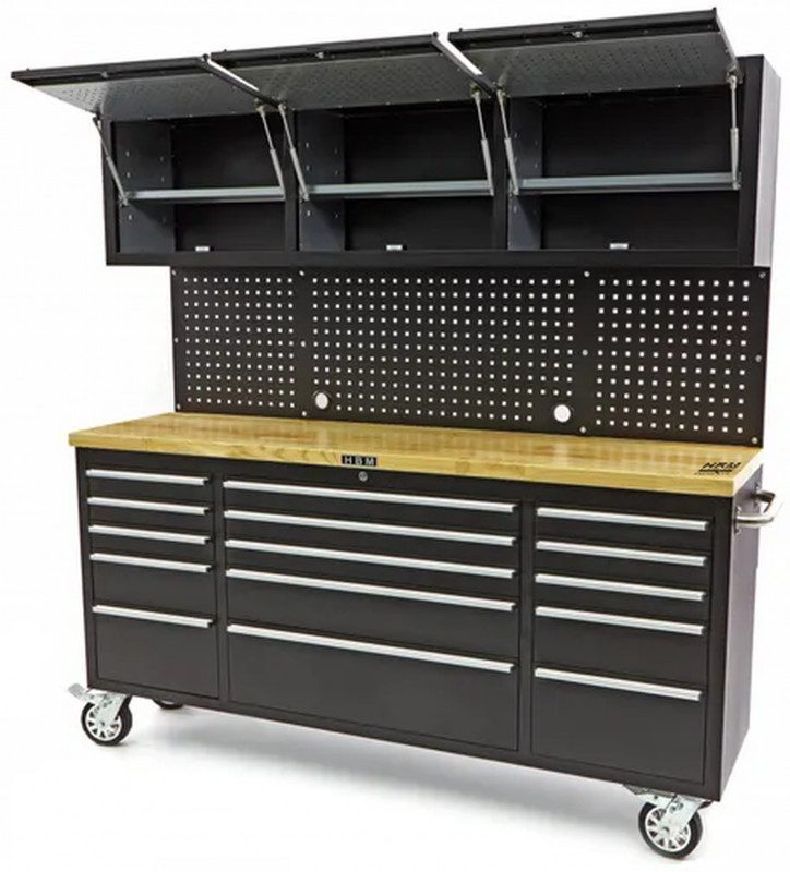 HBM werkbank 182 cm zwart met 15 laden, 3 hangkasten, achterwand, houten werkblad, verrijdbaar, 700 kg
HBM werkbank 182 cm zwart met 15 laden, 3 hangkasten, achterwand, houten werkblad, verrijdbaar, 700 kg