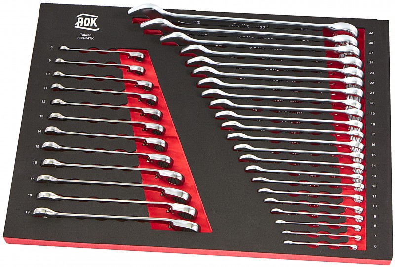 AOK Professionele 34-delige ring-, ratel- en steeksleutelset met foam inlay