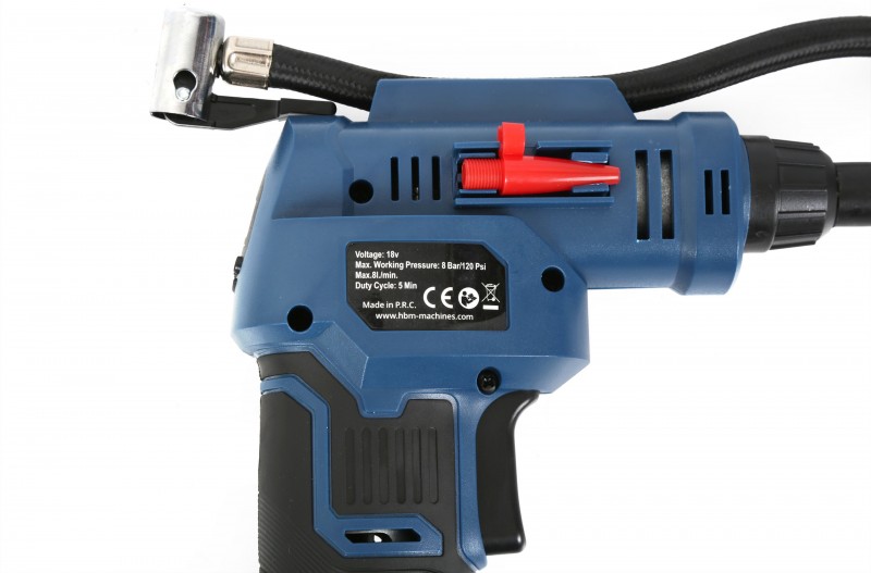 HBM 18 Volt Compressor op Accu met Toebehoren, 8 Bar, 8 l/min, 1300 mAh Li-ion, incl. Opbergkoffer HBM 18 Volt Compressor op Accu met Toebehoren, 8 Bar, 8 l/min, 1300 mAh Li-ion, incl. Opbergkoffer