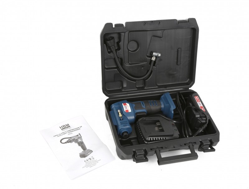 HBM 18 Volt Compressor op Accu met Toebehoren, 8 Bar, 8 l/min, 1300 mAh Li-ion, incl. Opbergkoffer HBM 18 Volt Compressor op Accu met Toebehoren, 8 Bar, 8 l/min, 1300 mAh Li-ion, incl. Opbergkoffer