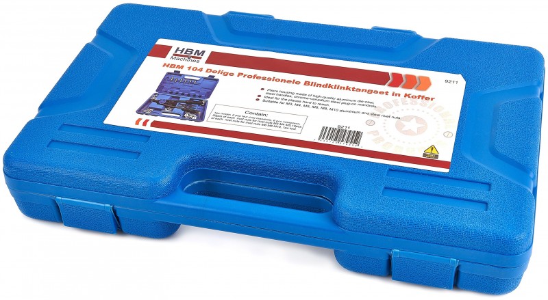 HBM 104-delige professionele blindklinkmoertangset in koffer, M3-M10, 325 cm HBM 104-delige professionele blindklinkmoertangset in koffer, M3-M10, 325 cm