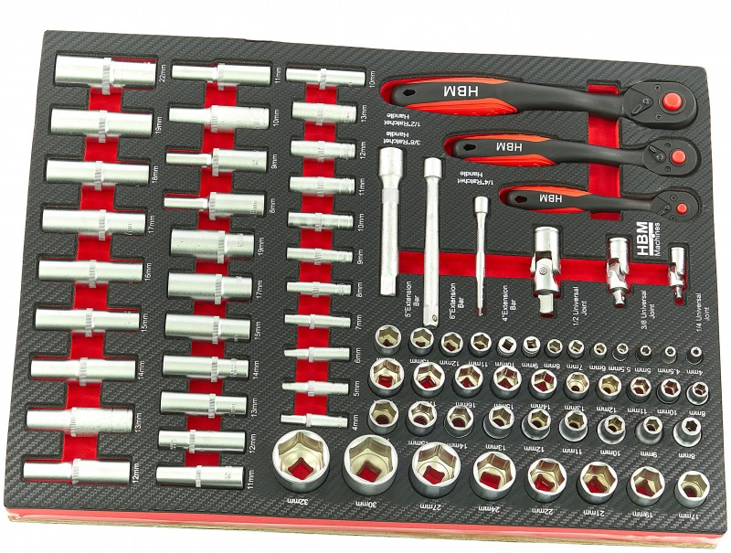 HBM 245-delige Premium Gereedschapsvulling voor Gereedschapswagen Rood, 6 Inlays, 21,5 kg, 39,5 x 53 cm
