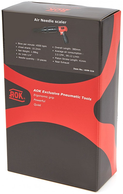 AOK professionele naaldbikhamer 19 naalden 4.500 bpm 6,3 bar 340 mm 2.000 g AOK professionele naaldbikhamer 19 naalden 4.500 bpm 6,3 bar 340 mm 2.000 g