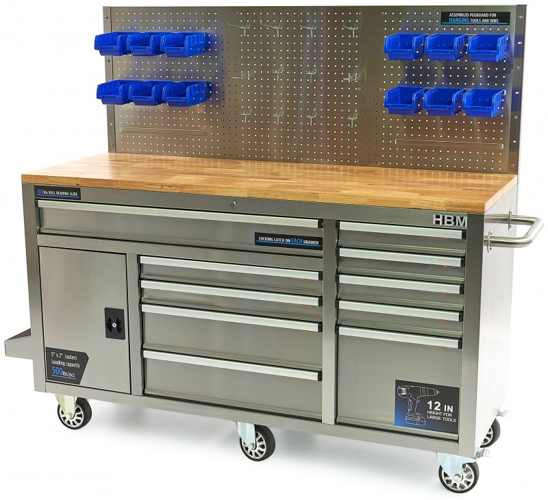 HBM verrijdbare werkbank 158 cm RVS met 10 laden, deur en achterwand
