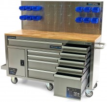 HBM verrijdbare werkbank 158 cm RVS met 10 laden, deur en achterwand
