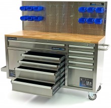 HBM verrijdbare werkbank 158 cm RVS met 10 laden, deur en achterwand
