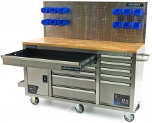 HBM verrijdbare werkbank 158 cm RVS met 10 laden, deur en achterwand
