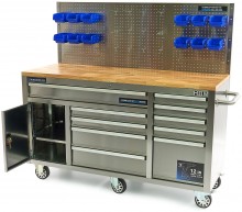 HBM verrijdbare werkbank 158 cm RVS met 10 laden, deur en achterwand
